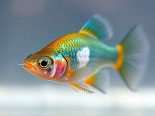 A close-up shot of a small, colorful fish, possibly a betta or guppy, showing a minor fin tear or a faint white spot on its body. The image should highlight the subtle signs of injury or early infection, with clear water and a simple background.