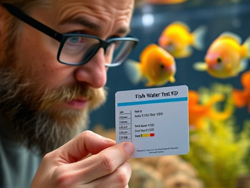 A close-up shot of a worried fish owner holding a water test kit near an aquarium, with healthy fish swimming in the background, focusing on the kit's results.