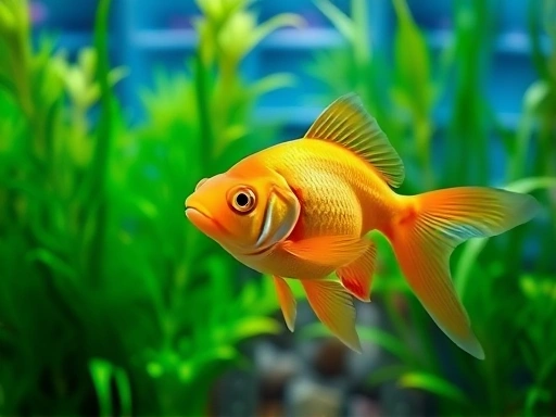 A vibrant, healthy goldfish swimming in a clean aquarium, surrounded by lush green aquatic plants. The fish should have bright, distinct colors and a full, strong body shape. Focus on overall well-being and a lively environment.