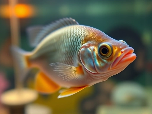 Close-up of a fish showing subtle signs of nutrient deficiency, such as slightly dulled scales, a hint of fin fraying, and a slightly thinner body compared to ideal. The background is a blurred aquarium setting. Emphasize the detailed visual cues of early deficiency.