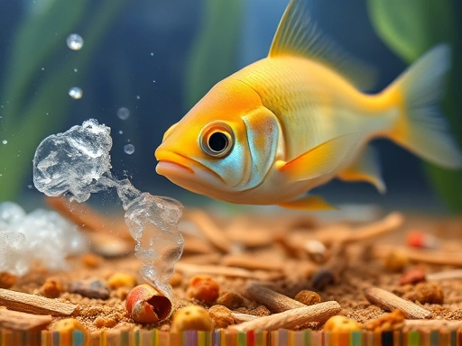 A detailed view of fish tank water showing slight cloudiness and uneaten food particles on the substrate, with a stressed-looking fish in the background, highlighting the negative effects of overfeeding. Keywords: overfeeding fish, water pollution, fish health, ammonia poisoning, cloudy water.