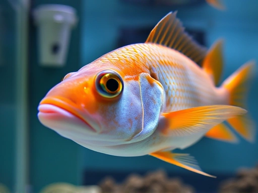Close-up of a fish in a quarantine tank, showing clear scales and vibrant colors, with filtration system details.
