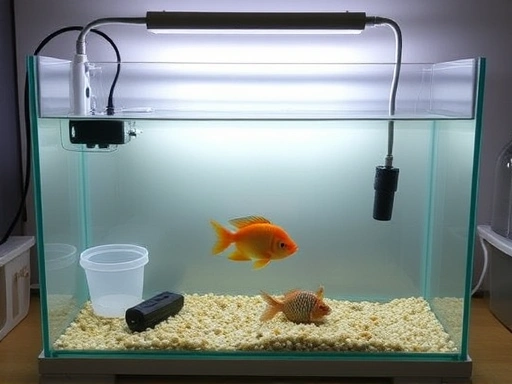 A serene fish quarantine tank setup, with essential equipment, clear water, and a single healthy fish, calm atmosphere.
