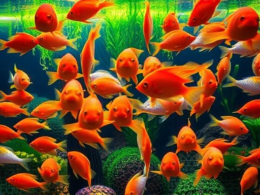 A beautiful, vibrant fish shoal swimming harmoniously in a well-maintained, lush aquarium, illustrating healthy fish behavior and social dynamics.