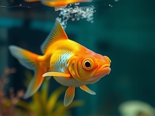 A visually distressed goldfish floating upside down at the water's surface in a home aquarium, showing swim bladder disorder symptoms, natural light. Focus on the fish's abnormal posture and the aquarium environment.