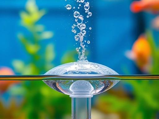 A close-up shot of an air stone in a vibrant aquarium, with a continuous stream of tiny bubbles rising to the surface, illustrating the effective oxygen supply to the water and the healthy appearance of aquatic plants and fish.