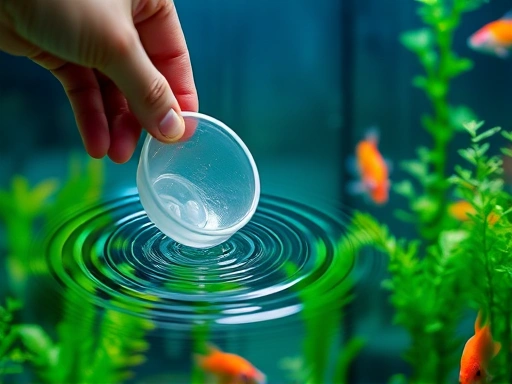 Close-up shot of a hand gently stirring the surface of a fish tank with a small net or cup, creating ripples for oxygenation, surrounded by healthy green aquatic plants and colorful fish.
