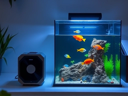 A modern, well-maintained home aquarium with a subtle, futuristic power station device next to it, indicating preparedness. Focus on sleek design and clear water, with fish visible.