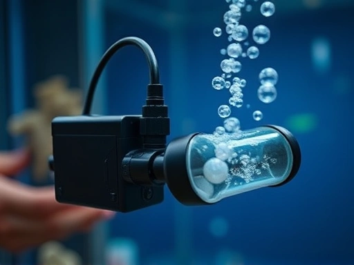 Close-up shot of a battery-powered air pump connected to an aquarium, showing bubbles and a small, reliable device ensuring oxygen supply during an emergency.