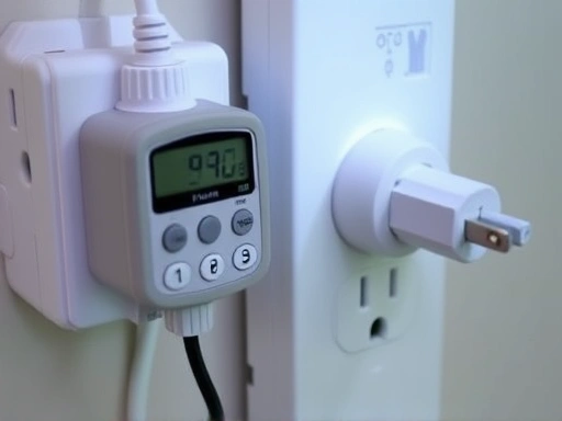 Close-up shot of a digital timer switch plugged into a power strip, with an aquarium light's power cord plugged into the timer, showing the practical setup for automating fish tank lighting.