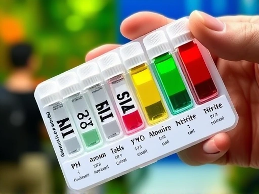 A detailed close-up of a hand holding a water testing kit, showing the various vials and color charts used to check aquarium water parameters like pH, ammonia, and nitrite, highlighting precision and care.