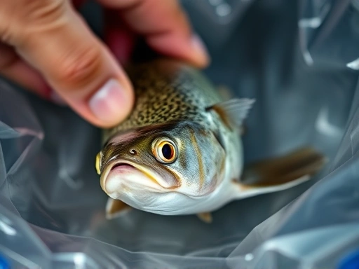 Close-up of a fish being gently transferred in a clear bag or container, highlighting minimal stress and careful handling during relocation.