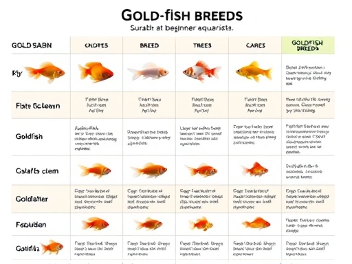 A detailed comparison chart showcasing various goldfish breeds with their distinct features and care requirements, suitable for beginner aquarists, clean and informative.