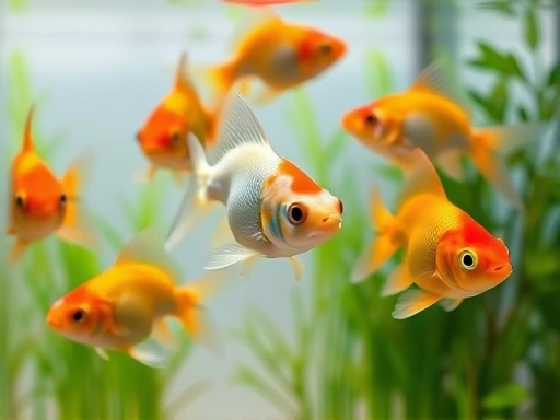 Close-up of several popular goldfish breeds like Oranda, Ranchu, and Ryukin swimming gracefully in a clean, well-planted aquarium, highlighting their unique body shapes and fin types.