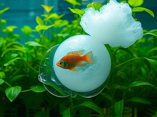 A male Gourami diligently building a large, foamy bubble nest among lush green floating plants in a clear aquarium, vibrant colors, close-up, serene scene.