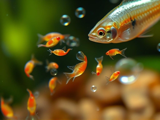 A close-up of newly hatched Gourami fry swimming near a bubble nest, tiny and translucent, with the male Gourami subtly guarding nearby, detailed, natural light.