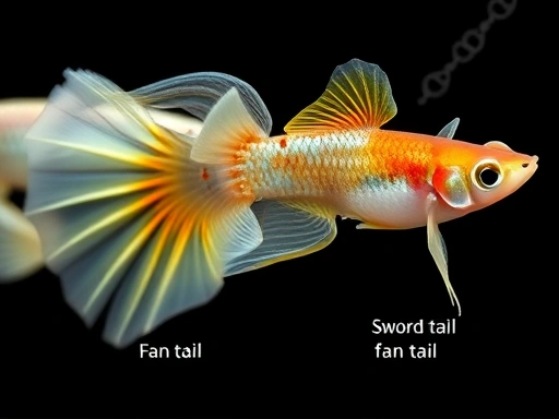 Close-up view of a guppy's diverse tail shapes, illustrating the difference between a fan tail and a sword tail, with genetic symbols subtly integrated into the background, guppy breeding variations.