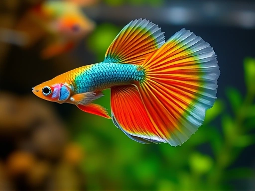 A colorful and healthy guppy with a distinct delta tail shape swimming gracefully in a well-maintained freshwater aquarium, showcasing its vibrant colors and intricate fin details, guppy tail genetics.