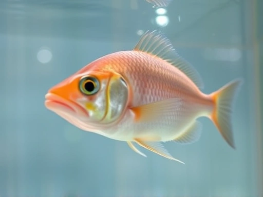 Close-up view of a healthy, vibrant fish swimming calmly in a quarantine tank, showing its clear fins and scales, with subtle light reflections on the water surface, highlighting observation and health. Focus on the fish's well-being.