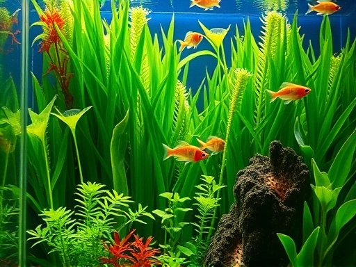 Close-up view of a vibrant, heavily planted freshwater aquarium with healthy aquatic plants, clear water, and a few small, colorful fish swimming gracefully. The plants should show lush growth, symbolizing effective nitrate absorption and water quality.