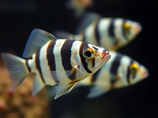 Close-up of healthy zebra danios with prominent stripes, demonstrating their energetic swimming patterns within a crystal-clear fish tank, highlighting their active nature.