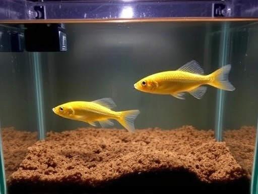 An aquarium setup for annual killifish breeding, showing a small tank with a breeding mop or peat substrate, calm water, and a male and female killifish swimming peacefully. Emphasize warm, dimly lit environment.
