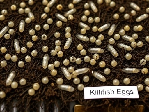 A close-up shot of killifish eggs collected on damp peat moss, carefully spread out on a tray for initial drying. Show tiny, perfectly round eggs embedded in the dark substrate, with a focus on detail and texture. Include a small label 