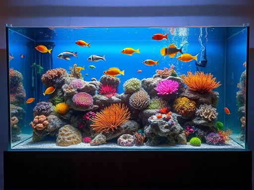 A visually appealing large home aquarium with clear water, showing various fish and corals, highlighting the importance of efficient circulation and vibrant marine life.