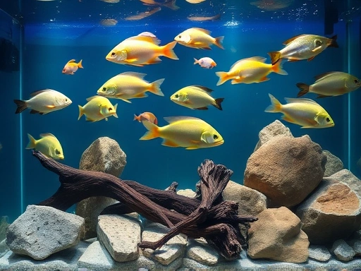 A spacious, well-maintained freshwater aquarium with various large, healthy fish species swimming calmly among driftwood and rocks. Focus on clear water and natural light.