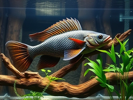 A large, healthy pleco swimming gracefully in a massive, well-maintained freshwater aquarium with abundant driftwood and live plants, showcasing its full adult size and the spacious environment it requires.