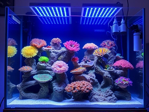 A meticulously set up marine coral aquarium, with various types of vibrant corals thriving under bright blue LED lights, showing essential equipment like a protein skimmer and powerheads. Focus on a clean and organized setup.