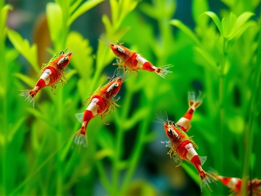 A vibrant freshwater aquarium with healthy green plants, a clear water, and several active Minami shrimp diligently grazing on the glass, showing their algae-eating capabilities. Focus on the shrimp and algae.