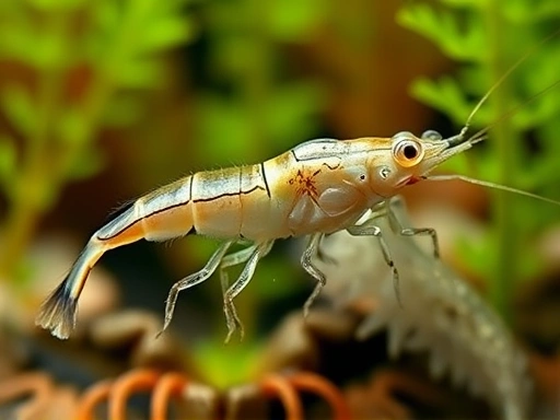 Close-up of a Minami shrimp with tiny eggs (berried shrimp) visible under its tail, showcasing the breeding aspect in a planted aquarium environment, emphasizing clear water and healthy shrimp.