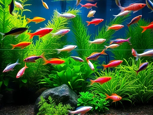 A vibrant aquarium with diverse Molly fish of various colors swimming gracefully among lush green plants and decorative rocks, bathed in gentle light, showcasing healthy aquatic life.