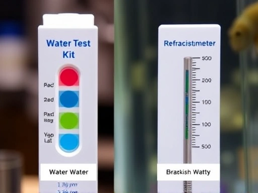 A close-up side-by-side comparison of a water test kit for freshwater and a refractometer for brackish water, with labels clearly showing salinity differences for molly aquarium setup.
