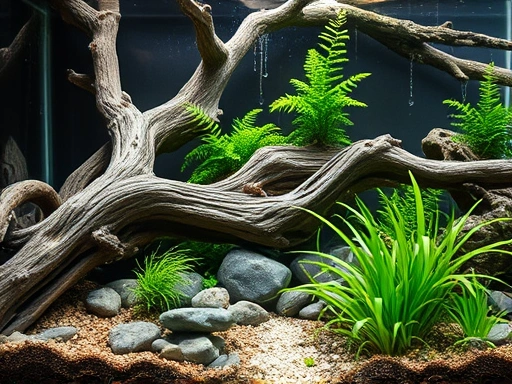 Close-up of intricate driftwood and carefully placed stones in a nature aquarium, highlighting the texture and natural flow, with a focus on vibrant foreground plants, creating a miniature underwater forest.