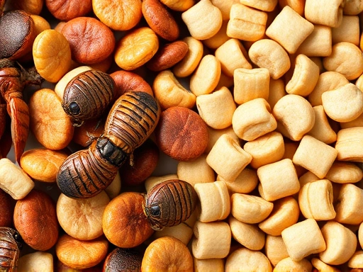 Close-up of healthy, vibrant pet food ingredients; one side showing fresh, gut-loaded insects, the other showing premium, balanced kibble, emphasizing quality and nutritional value. Includes SEO keywords: pet nutrition, gut loading, balanced diet, kibble ingredients.