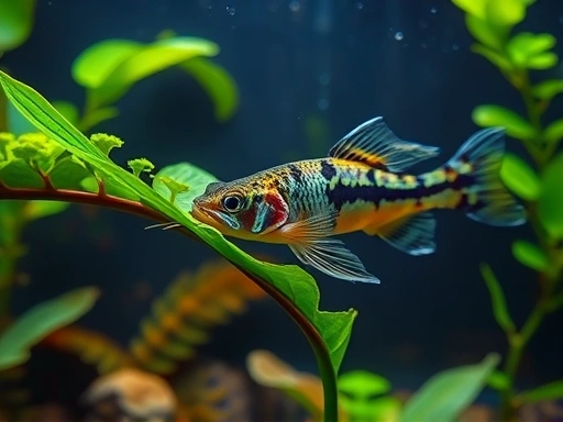A vibrant freshwater aquarium with an Otocinclus catfish actively cleaning green algae off a plant leaf, soft natural lighting.