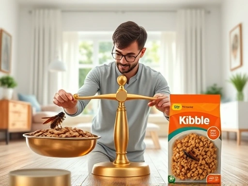 A detailed comparison graphic showing a pet owner weighing different food options (live insects vs. kibble), set in a bright, modern home, focusing on decision-making and pet health. Includes SEO keywords: pet food, live food, artificial feed, nutrition comparison.