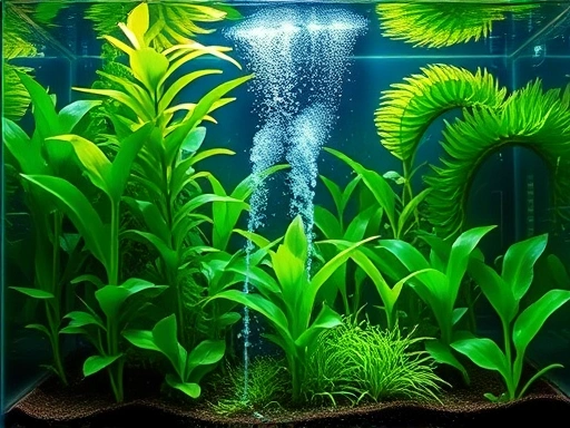 A vibrant, lush planted aquarium with clear water and healthy green aquatic plants, showcasing a bubbling CO2 diffuser, under bright aquarium lights, reflecting a harmonious underwater ecosystem. Focus on plant health and subtle CO2 bubbles.
