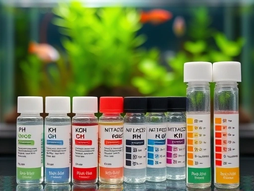 A close-up shot of various water quality test kits and vials, showing different solutions and color charts used for testing aquarium water parameters like pH, KH, GH, and nitrates, with a blurred planted tank in the background.