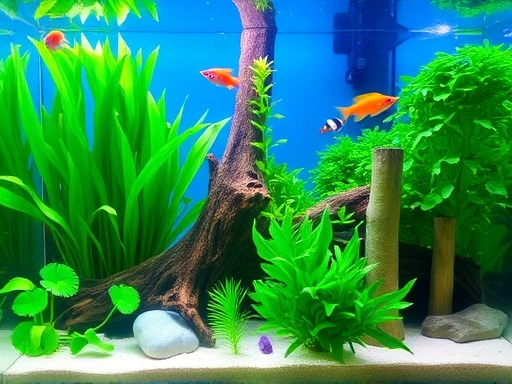 A beautiful, vibrant planted aquarium with lush green plants, clear water, and colorful fish, showcasing healthy aquatic life, taken from a slightly elevated angle.