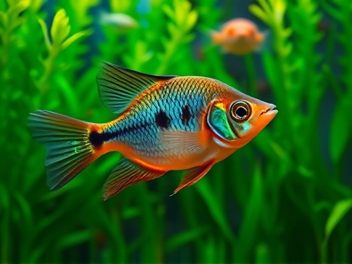 A vibrant platy fish swimming in a well-planted aquarium, with a gravid spot visible, surrounded by lush green aquatic plants. Focus on a healthy and active fish.