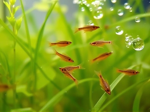 Close-up of tiny platy fry swimming amongst delicate aquatic plants, with fine bubbles from a sponge filter in the background, illustrating successful fry care.