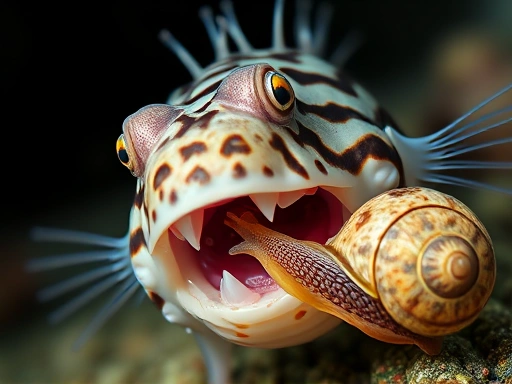 Close-up view of a pufferfish eating a snail, clearly showing its teeth engaging with the hard shell, emphasizing teeth wear and healthy feeding behavior.