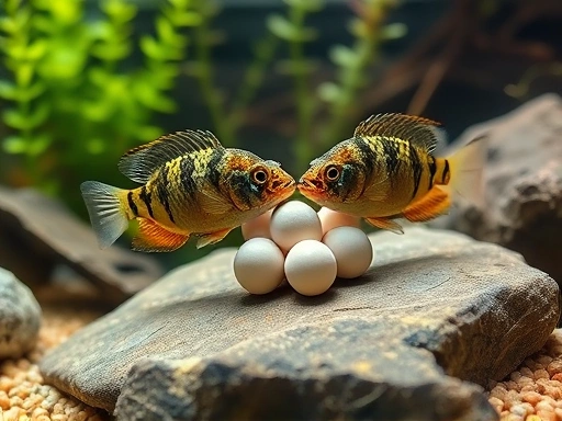 A pair of Ramirezi dwarf cichlids guarding their eggs on a flat stone in a planted freshwater aquarium, with soft lighting and clear water.