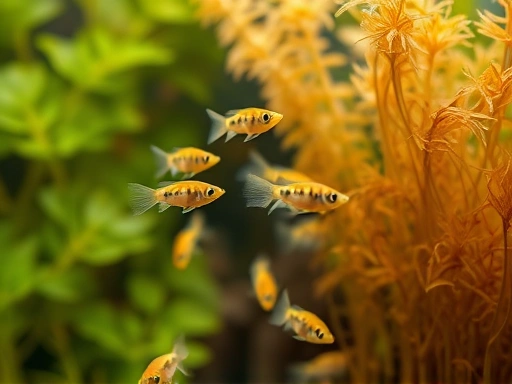 Close-up shot of tiny Ramirezi dwarf cichlid fry swimming amidst fine plants or a sponge filter in a well-maintained nursery tank.