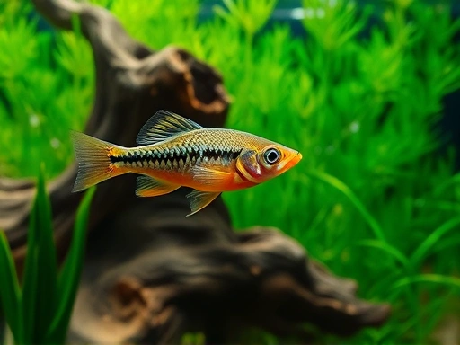 Close-up view of small Rasbora fish with vivid colors, exploring dense green aquatic plants and natural driftwood in a meticulously set up aquarium, highlighting water clarity and healthy fish.