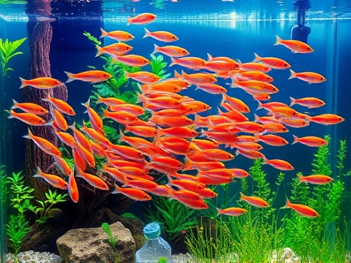 A vibrant school of small Rasbora fish swimming gracefully in a beautifully planted freshwater aquarium, showcasing their natural schooling behavior and a thriving aquatic environment.