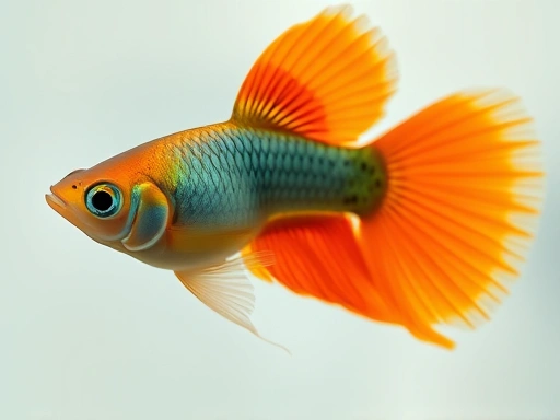 A close-up shot of a healthy, bright-colored Guppy with its distinctive tail, swimming gracefully in clear water with soft lighting, emphasizing its beginner-friendly nature and beauty. Capture the intricate patterns on its fins.
